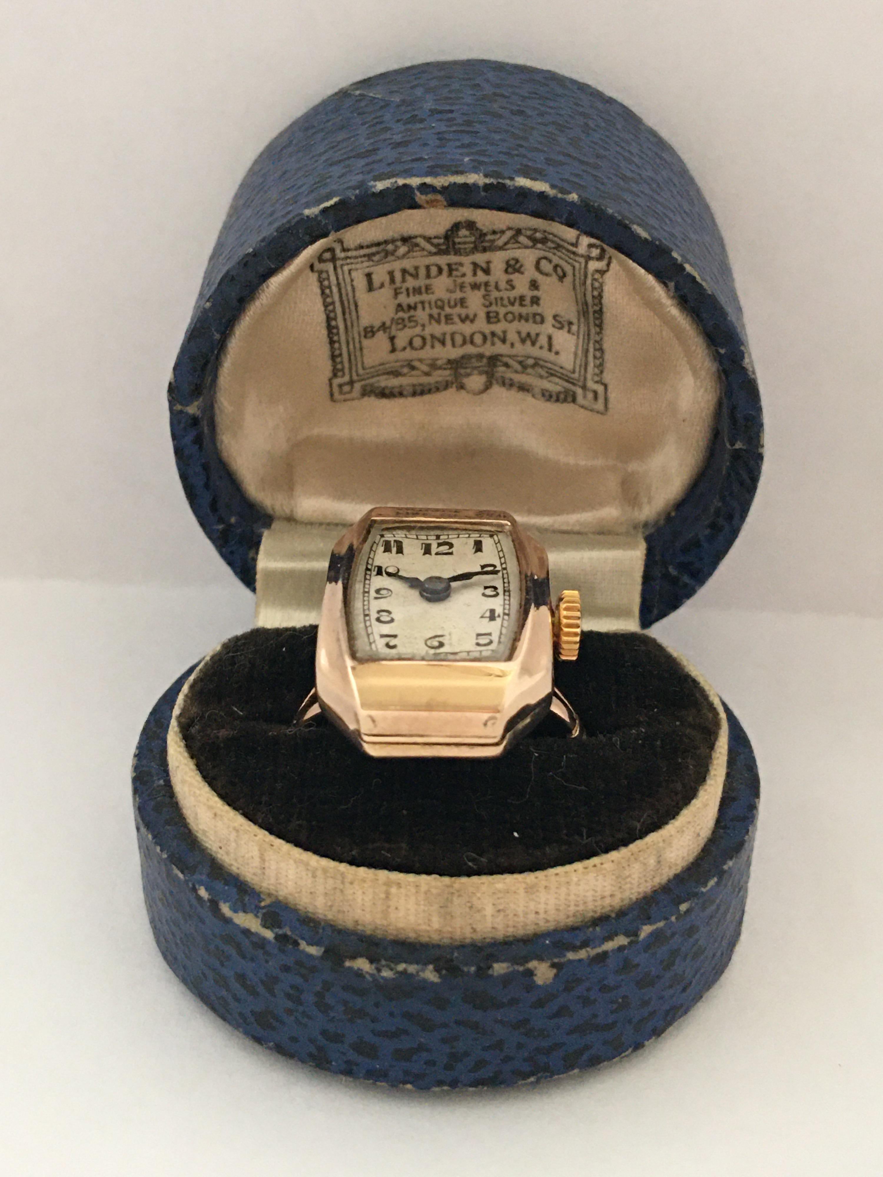 This stunning pre-owned vintage gold hand winding ring watch is in good working condition and it is running well. Visible signs of gentle used and ageing as shown. It comes with its presentation box.

Please study the images carefully as form part