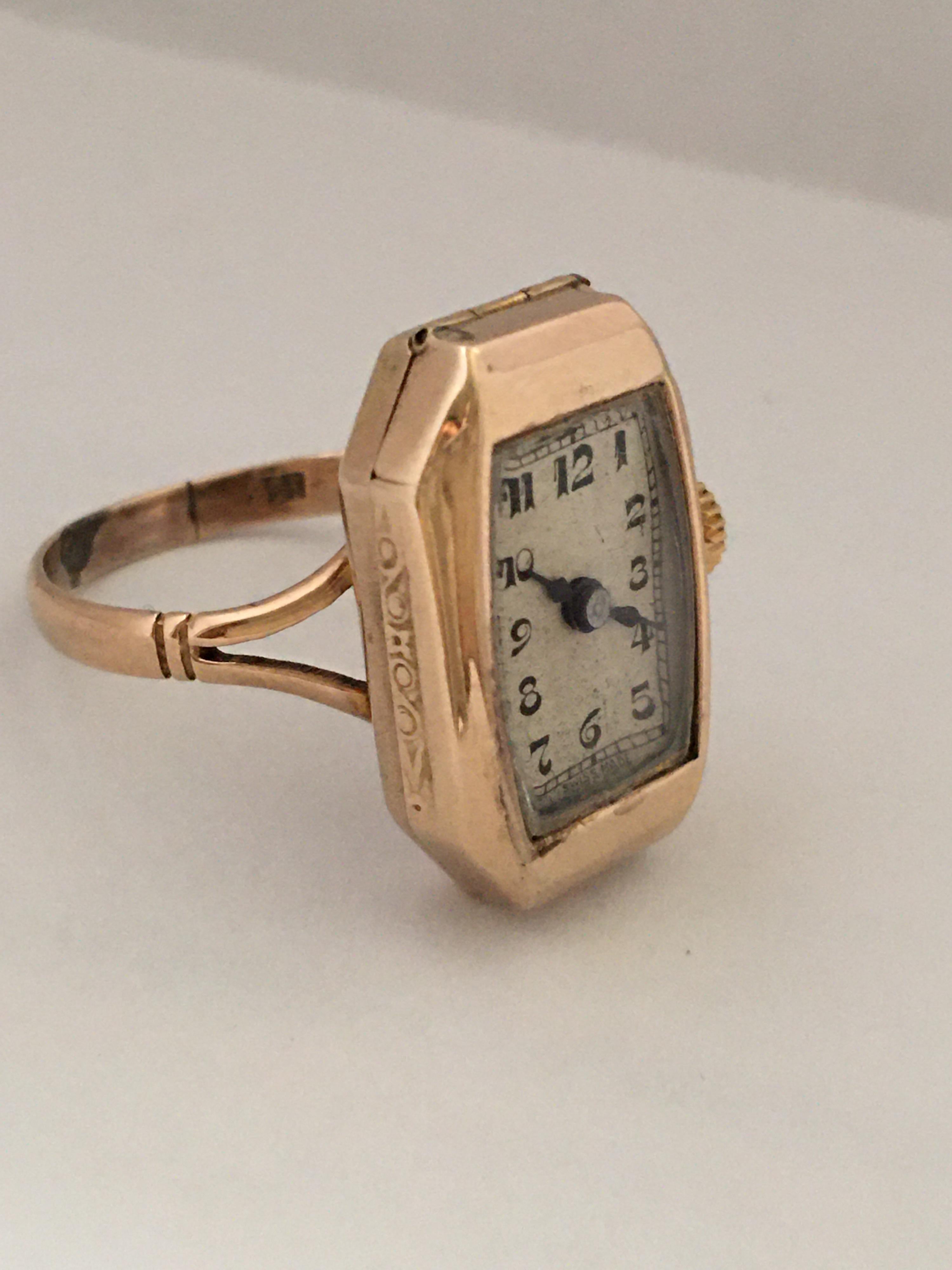 Women's or Men's 9 Karat Gold Vintage 1920s Mechanical Ring Watch