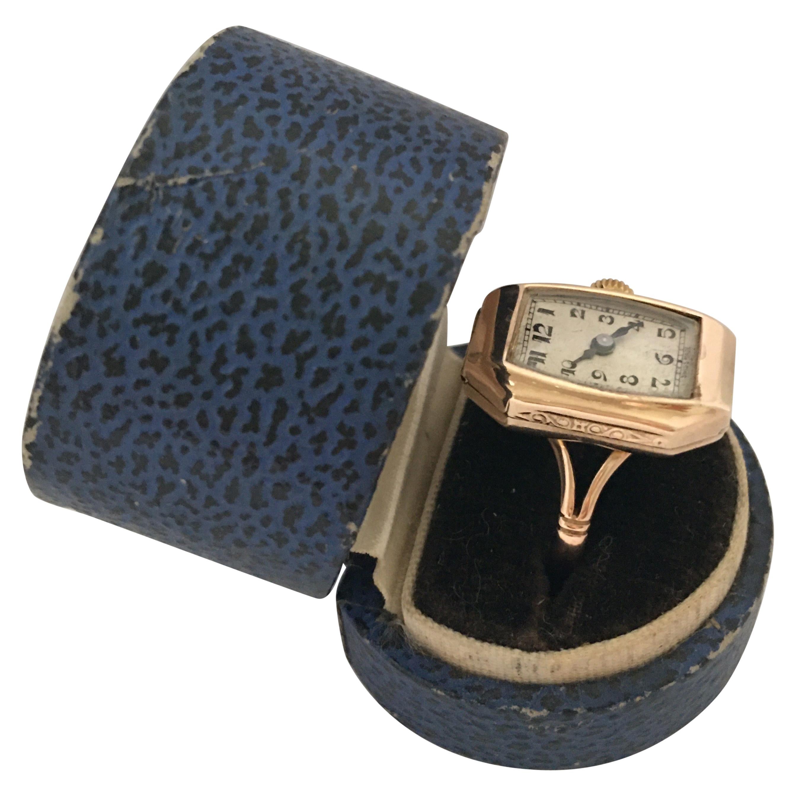 9 Karat Gold Vintage 1920s Mechanical Ring Watch