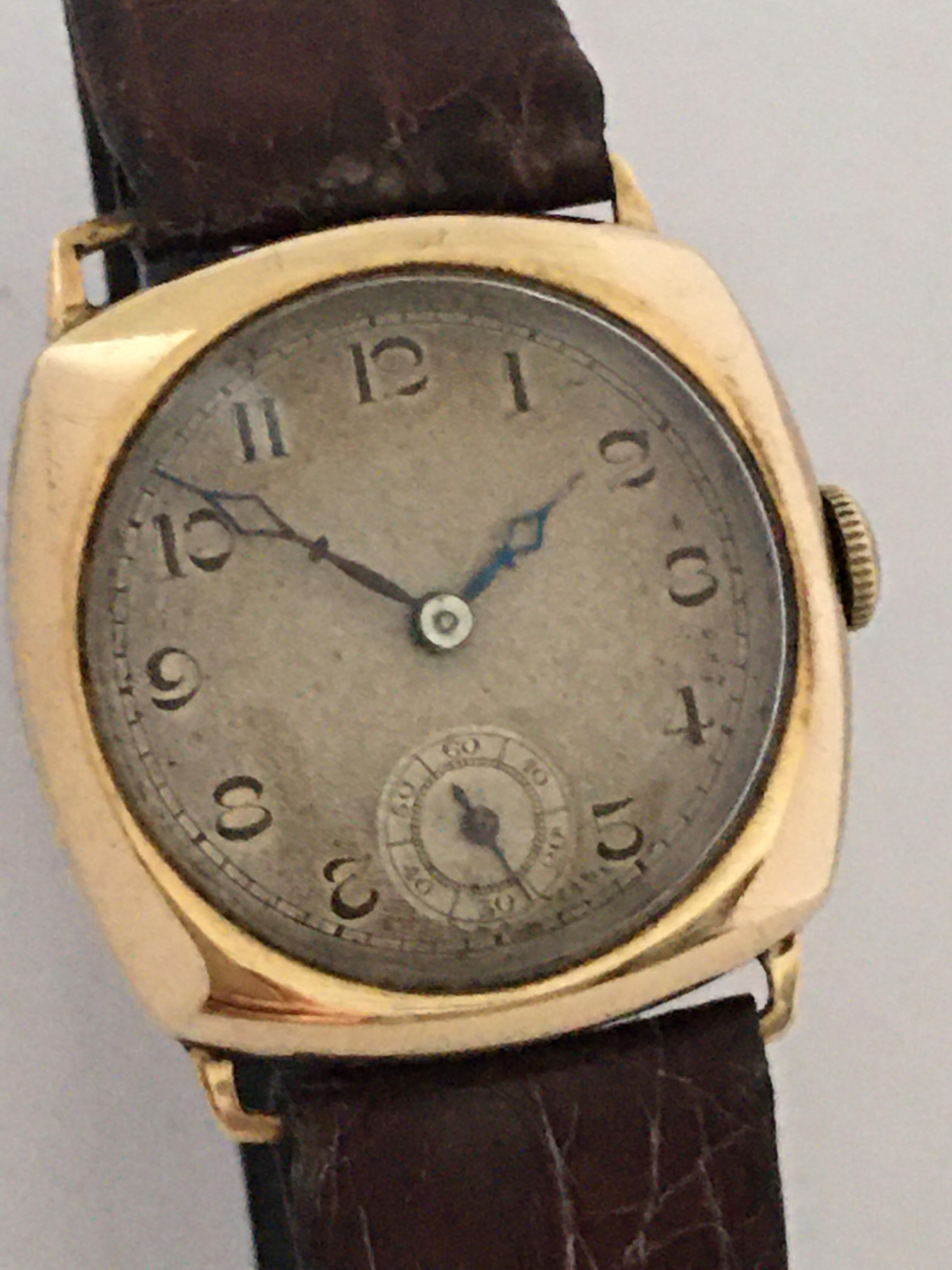 This is a beautiful example of a classic 1950’s cushion Gold Watch with British Made gold case and a manual winding Swiss watch movement.

It is in good working condition and it is ticking well. The silvered dial has aged. Tiny scratches on the