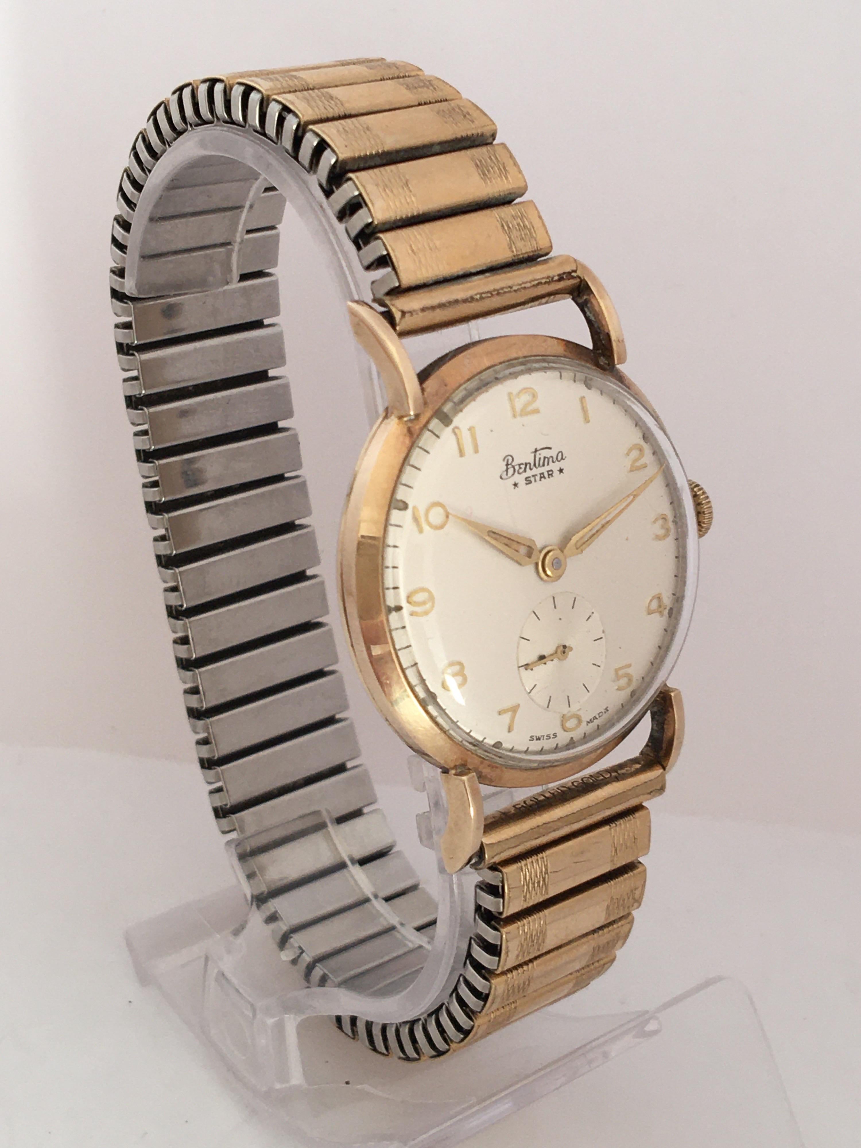 This beautiful pre-owned manual winding vintage Gold watch and Rolled Gold/ Stainless Steel bracelets is working and it is ticking well. The watch shows a gentle used and ageing with tiny scratches on the case and some  tarnished on the winder and