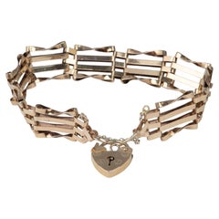 Pulsera vintage de oro de 9 quilates con eslabones tipo reja y cierre de corazón con candado, 7,25", con cierre de seguridad