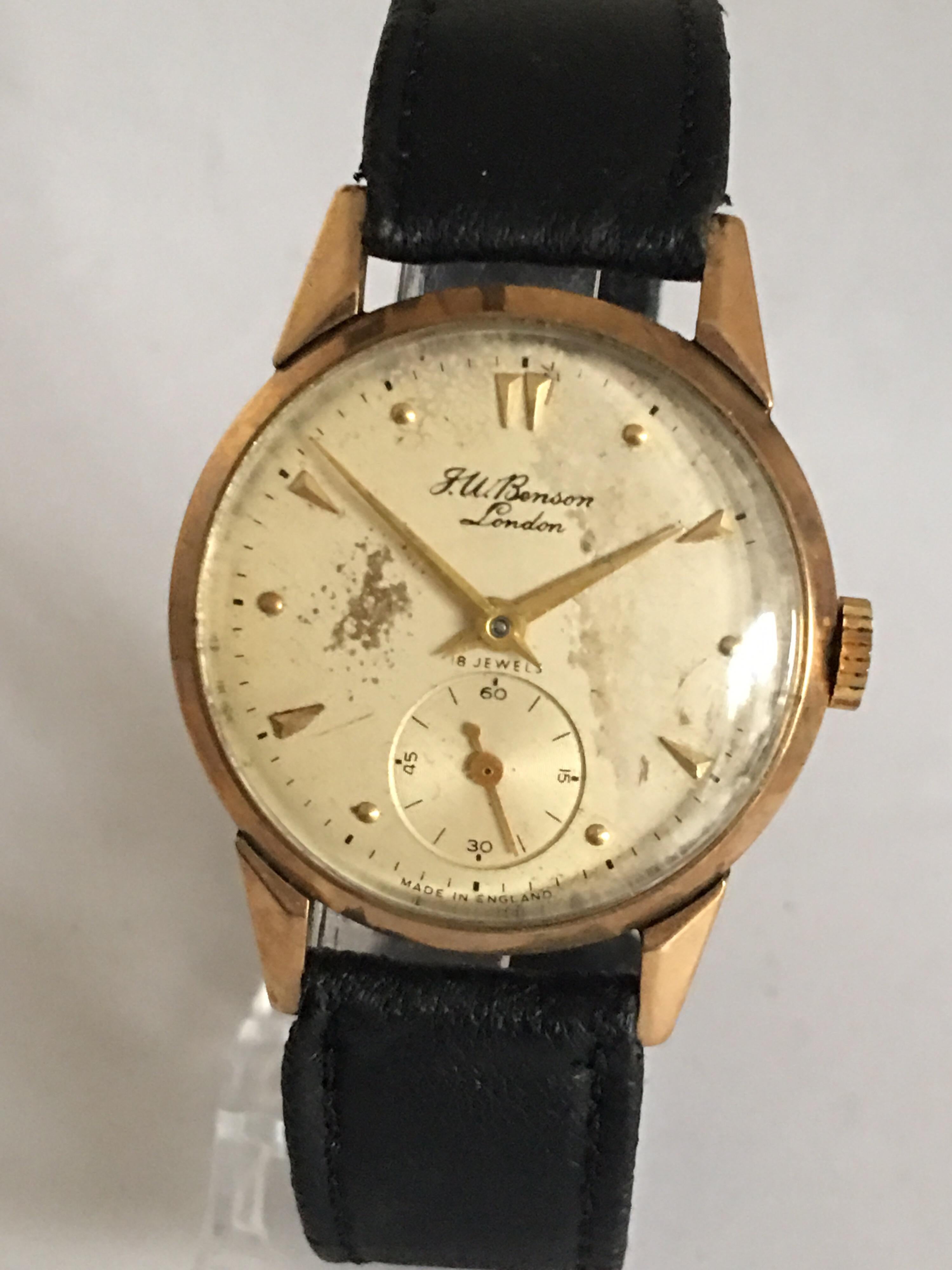 9 Karat Gold Vintage J. W. Benson London 1950s Manual Wristwatch For Sale 3