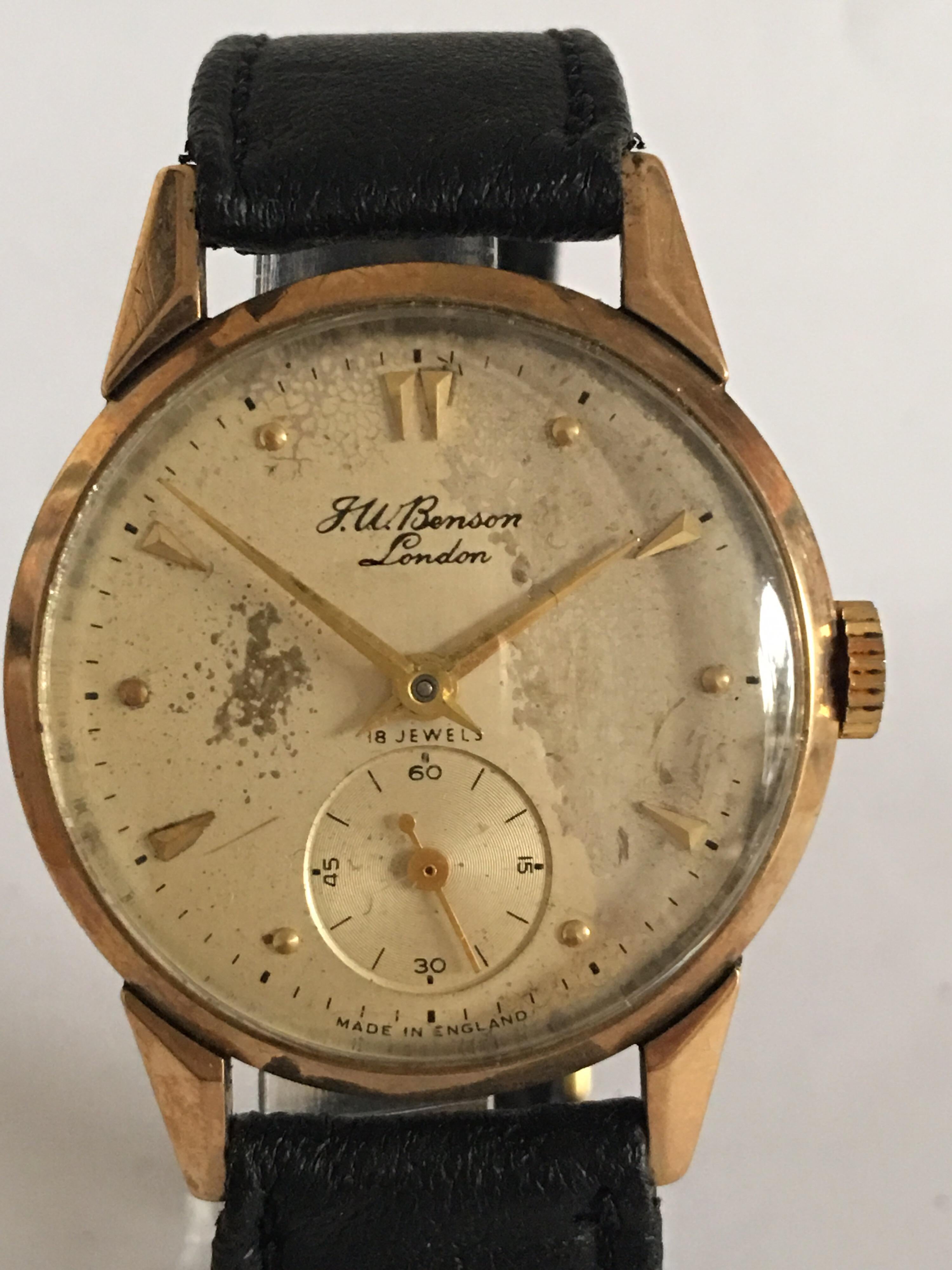 9 Karat Gold Vintage J. W. Benson London 1950s Manual Wristwatch For Sale 5