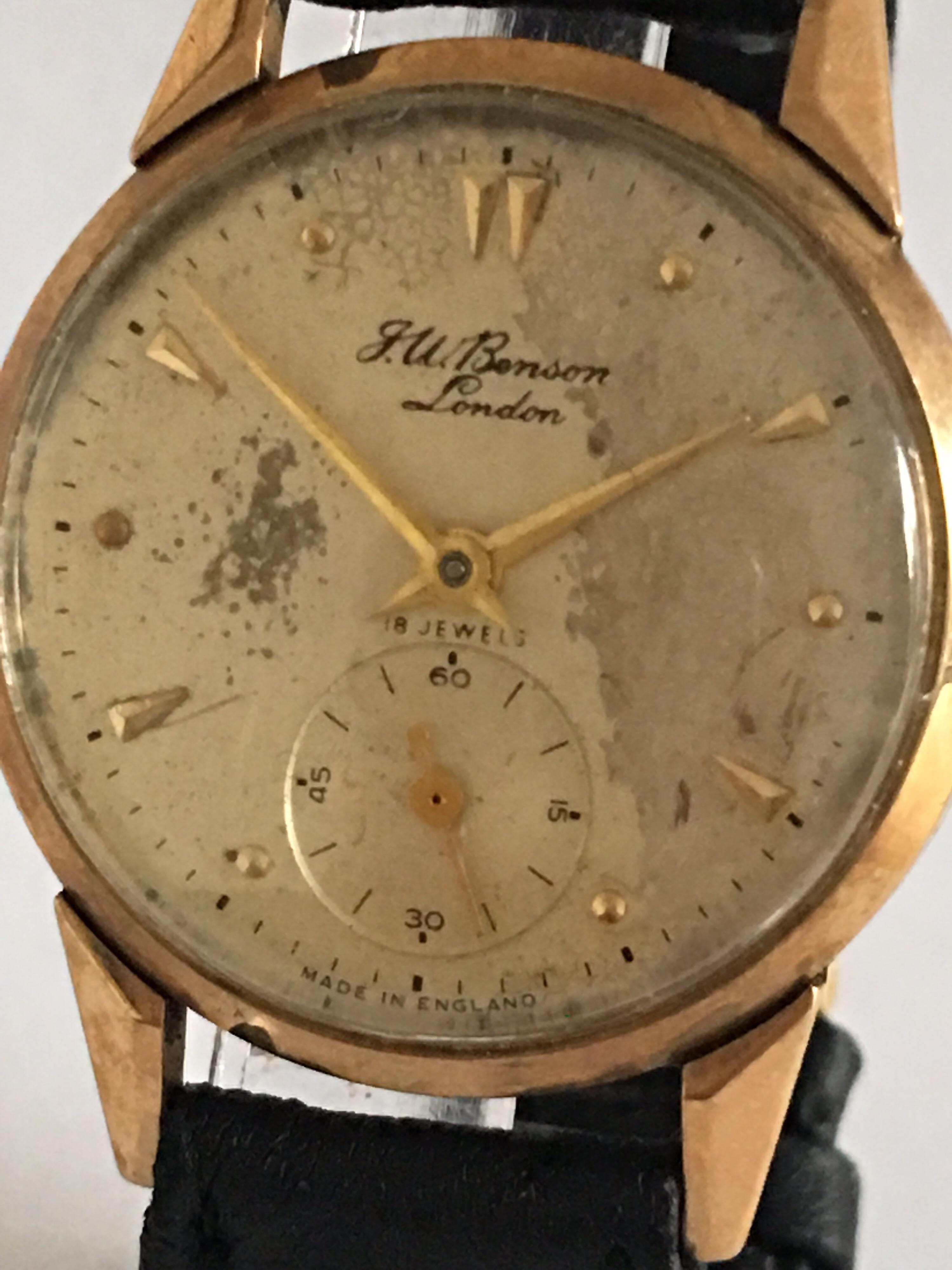 9 Karat Gold Vintage J. W. Benson London 1950s Manual Wristwatch For Sale 2