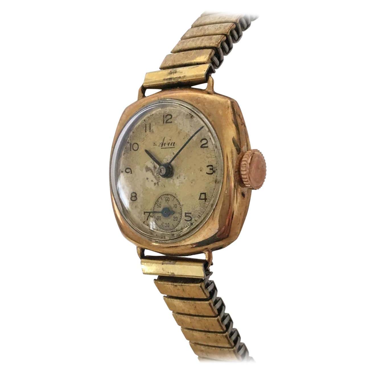 9 Karat Gold Vintage Ladies Avia Wristwatch with Flexible Strap For ...