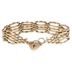 9K Gold Vintage Wide Gate Link Bracelet with Padlock Heart Clasp 6.75" V1064