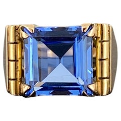 9K Rose Gold & 5.00ct Square Synthetic Sapphire Retro Mens' Signet Ring