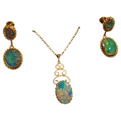 9K Roségold 6,00 Karat australischer Opal Retro 60er Jahre Set: Ohrringe & Anhänger + Kette