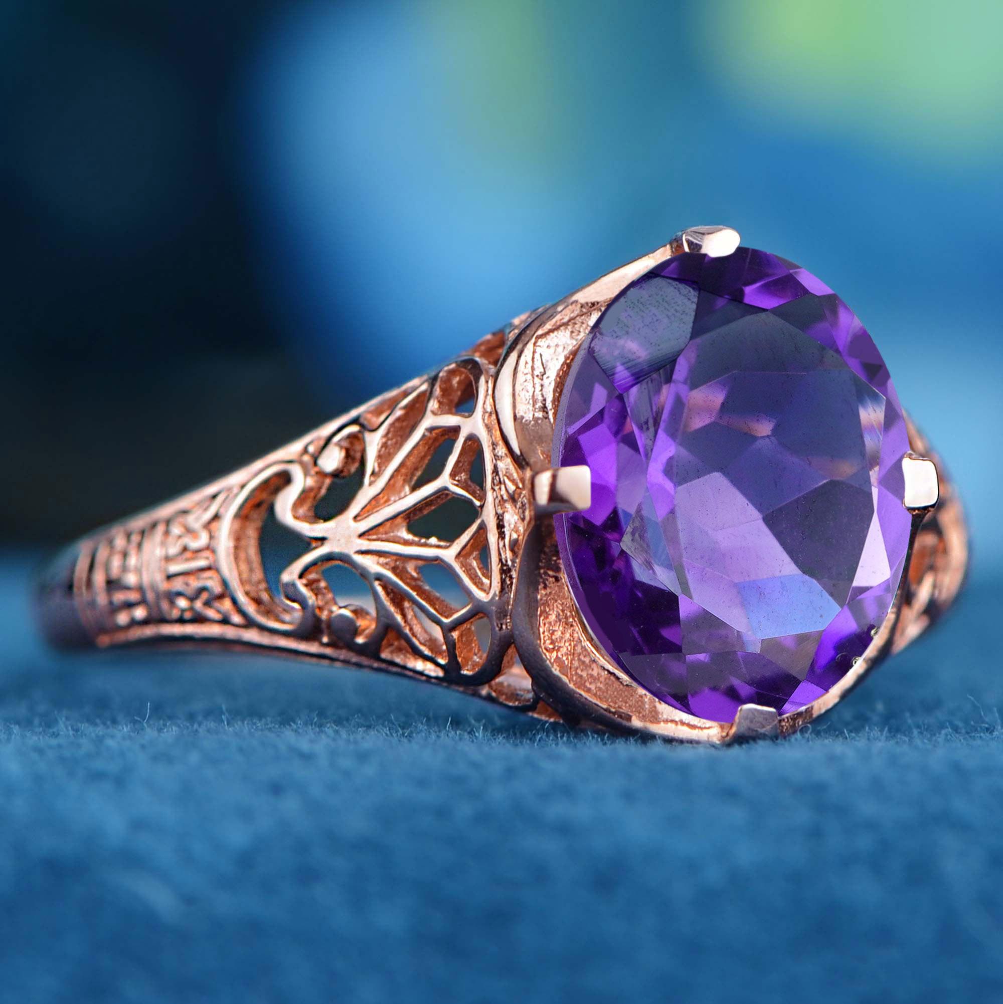 9K Rose Gold Amethyst Filigraner Verlobungsring im Vintage-Stil (Edwardian) im Angebot