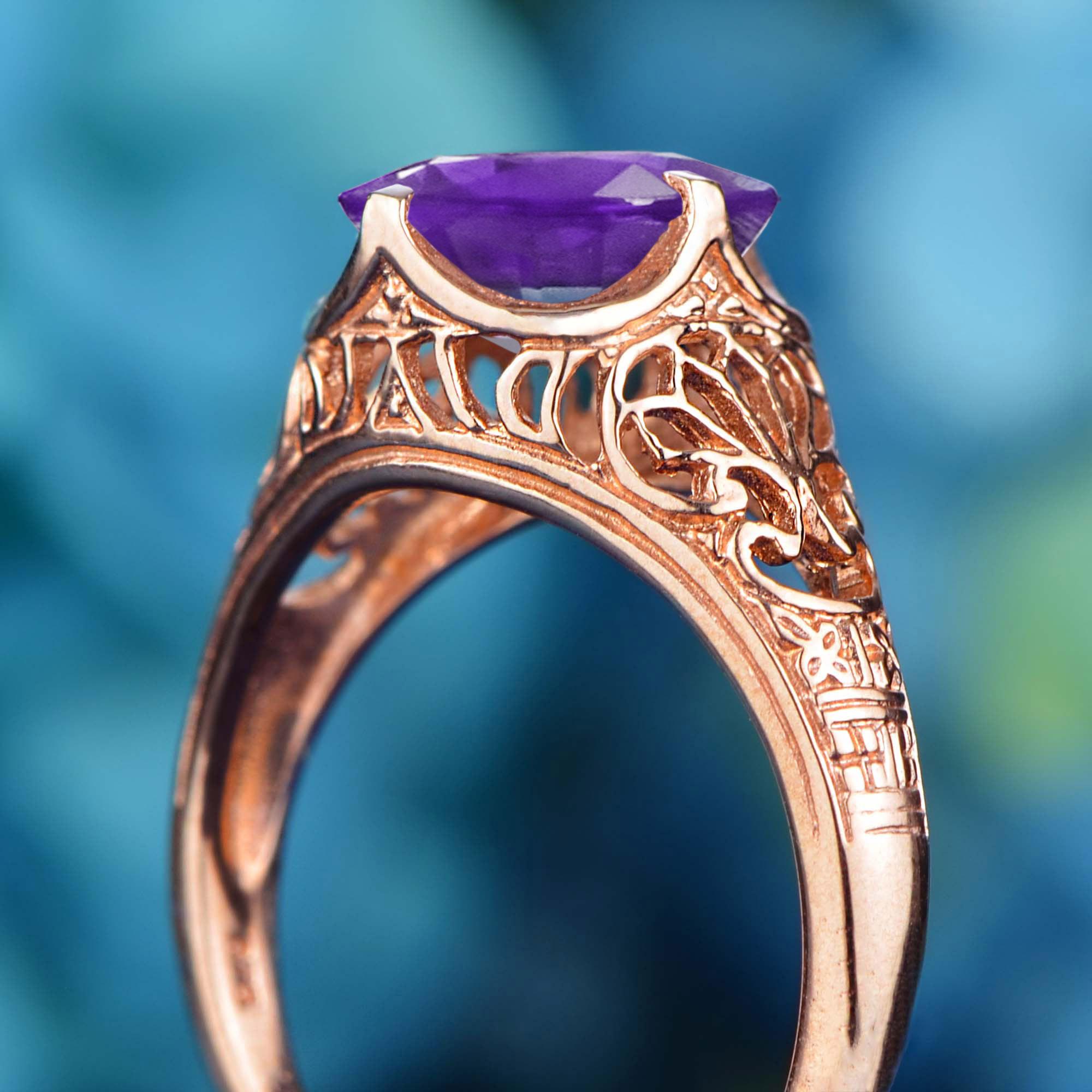 9K Rose Gold Amethyst Filigraner Verlobungsring im Vintage-Stil Damen im Angebot