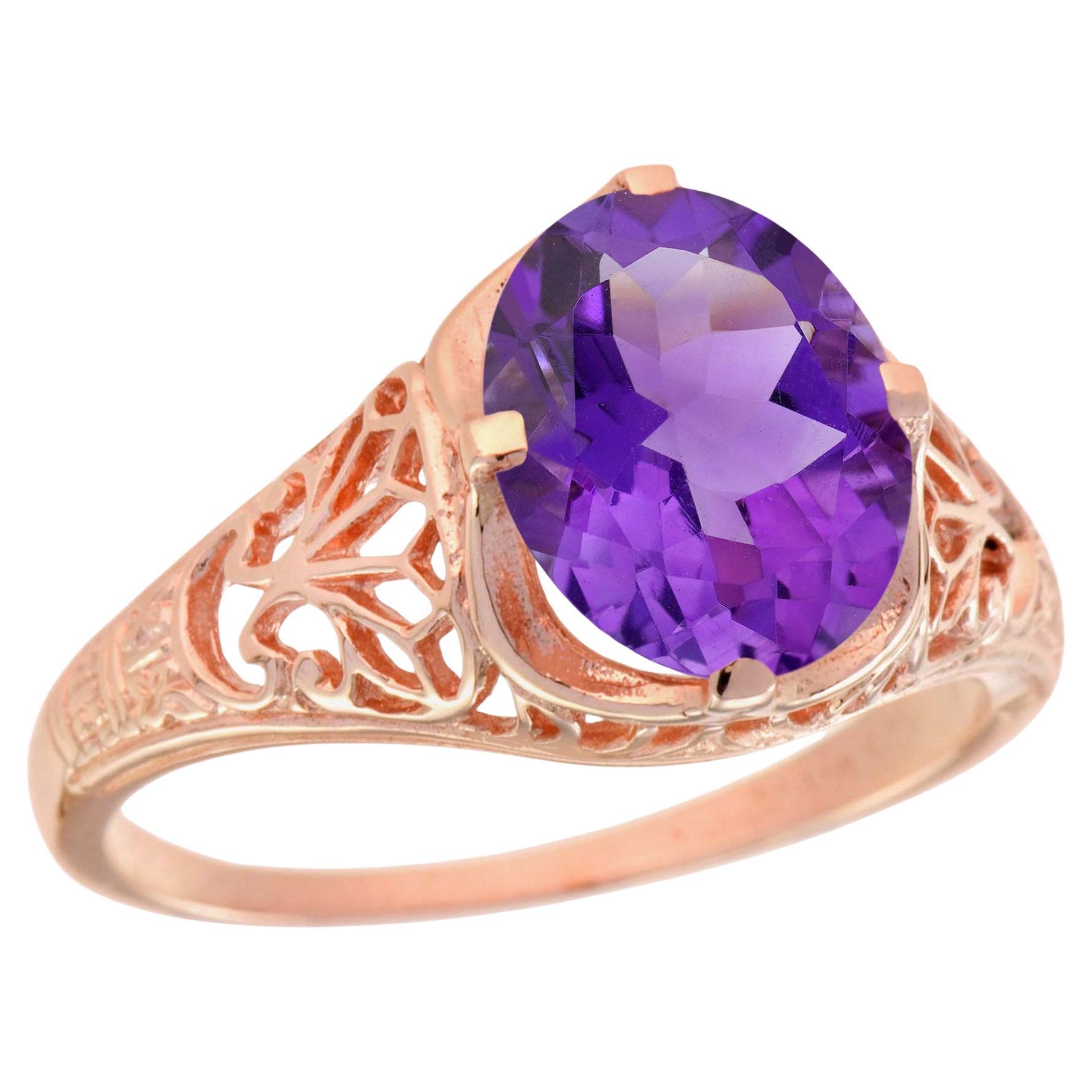 Anello di fidanzamento in oro rosa 9K con ametista in stile filigrana vintage