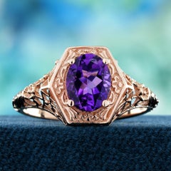 9K Rose Gold Amethyst Vintage Style Filigree Solitaire Ring