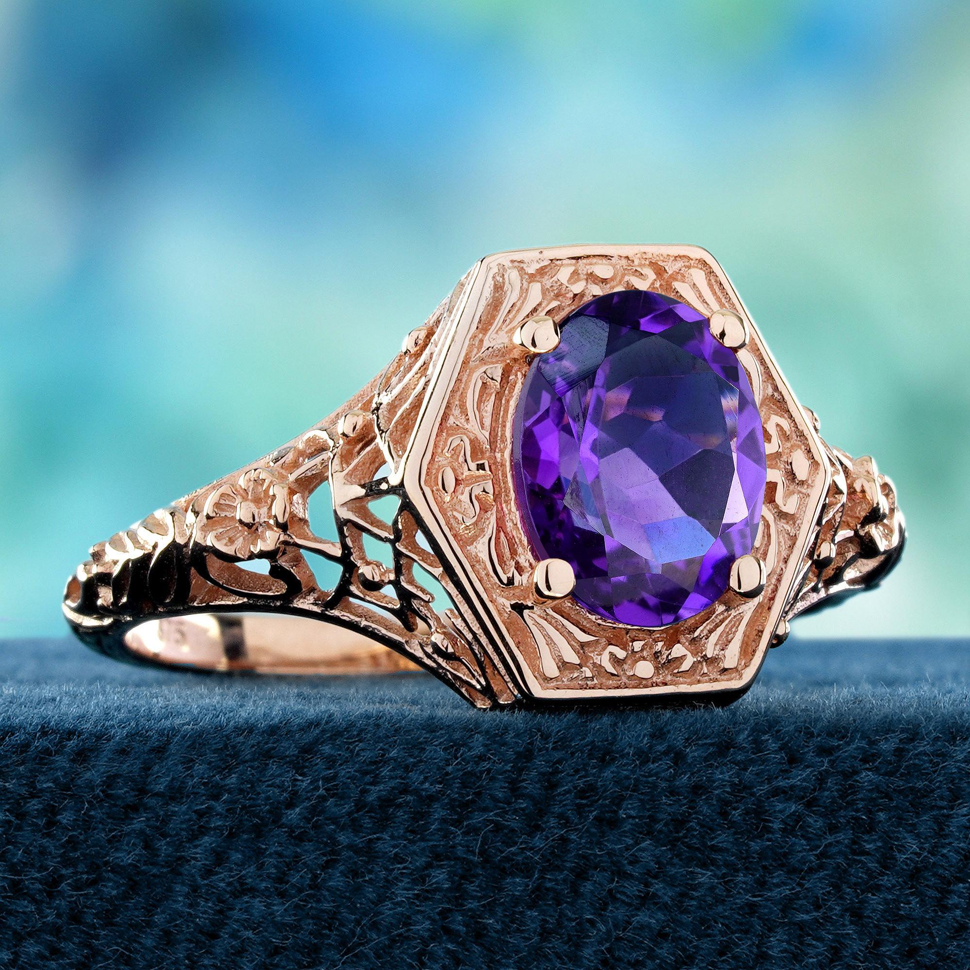 9K Rose Gold Amethyst Vintage Style Filigraner Solitär Ring (Edwardian) im Angebot