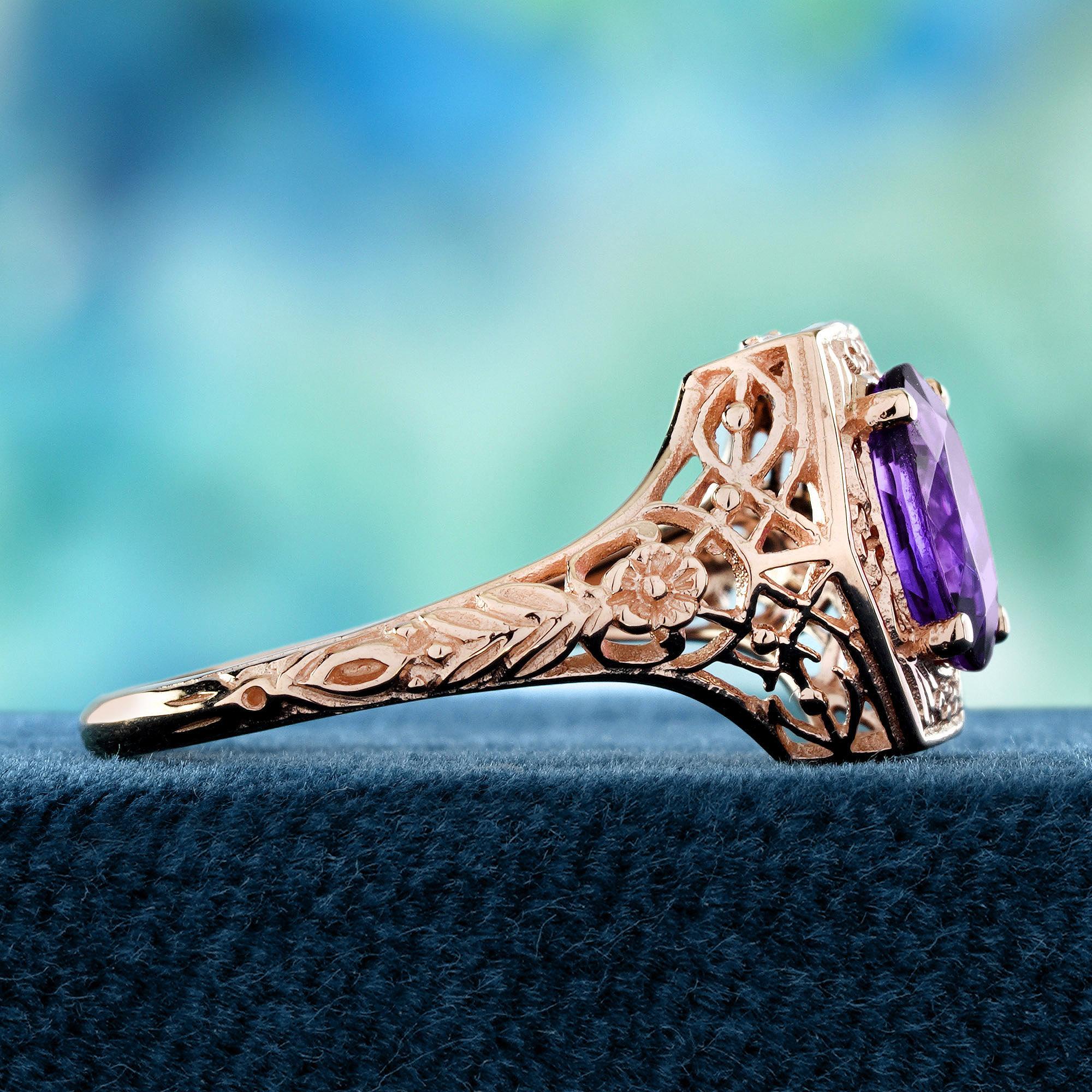 9K Rose Gold Amethyst Vintage Style Filigraner Solitär Ring (Ovalschliff) im Angebot