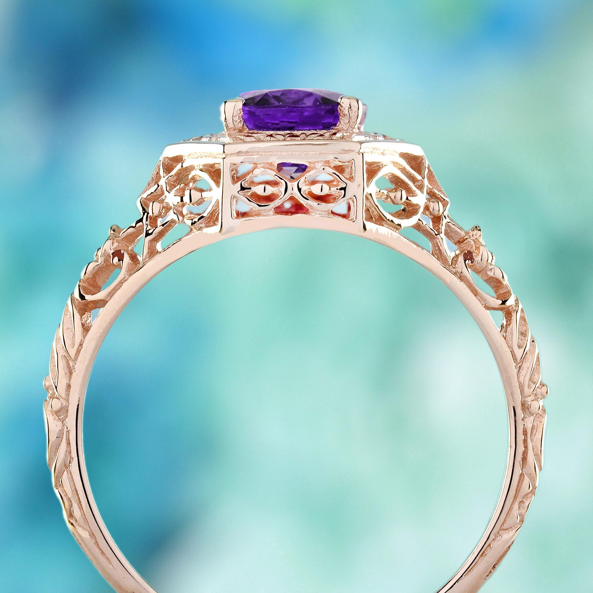9K Rose Gold Amethyst Vintage Style Filigraner Solitär Ring im Zustand „Neu“ im Angebot in Bangkok, TH