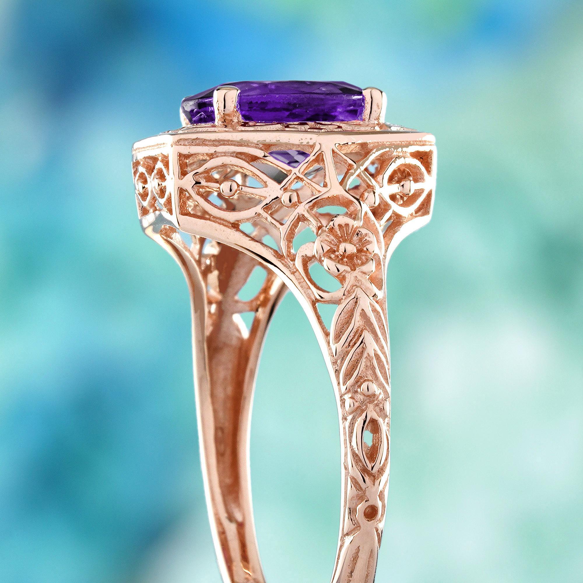 9K Rose Gold Amethyst Vintage Style Filigraner Solitär Ring Damen im Angebot