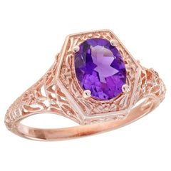 9K Rose Gold Amethyst Vintage Style Filigree Solitaire Ring
