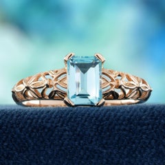 9K Rose Gold Blue Topaz Vintage Style Filigree Solitaire Ring