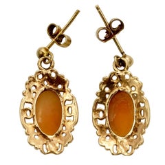 9K Rose Gold Carved Cameo Drop Earrings with Ornate Surround