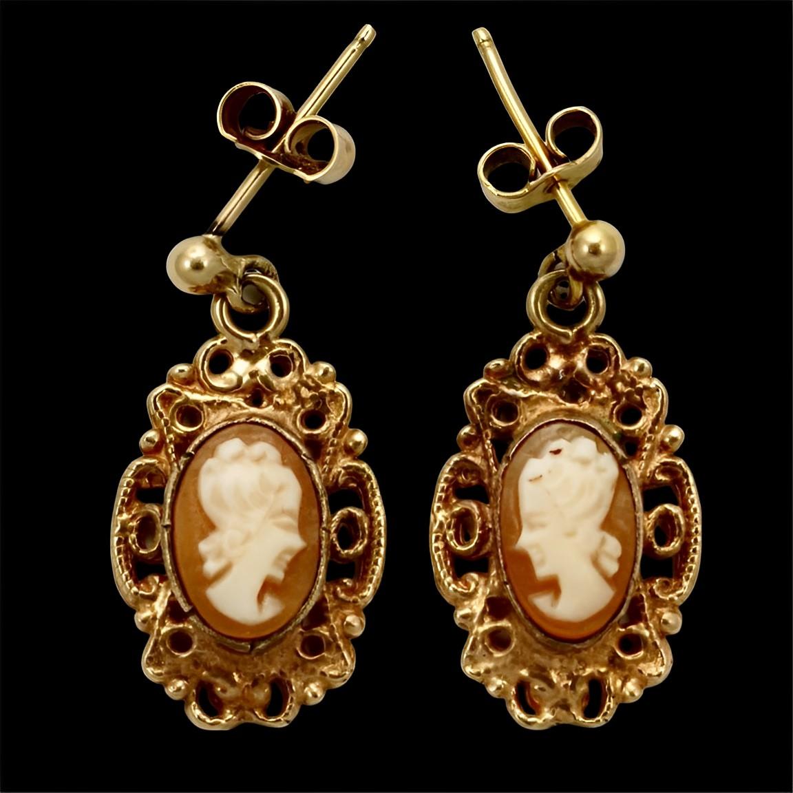 Women's or Men's 9K Rose Gold Carved Cameo Drop Earrings with Ornate Surround For Sale