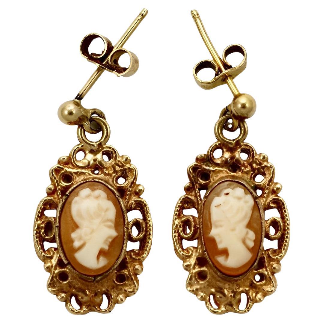 9K Rose Gold Carved Cameo Drop Earrings with Ornate Surround For Sale