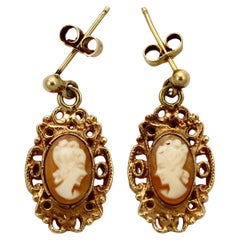 Vintage 9K Rose Gold Carved Cameo Drop Earrings with Ornate Surround