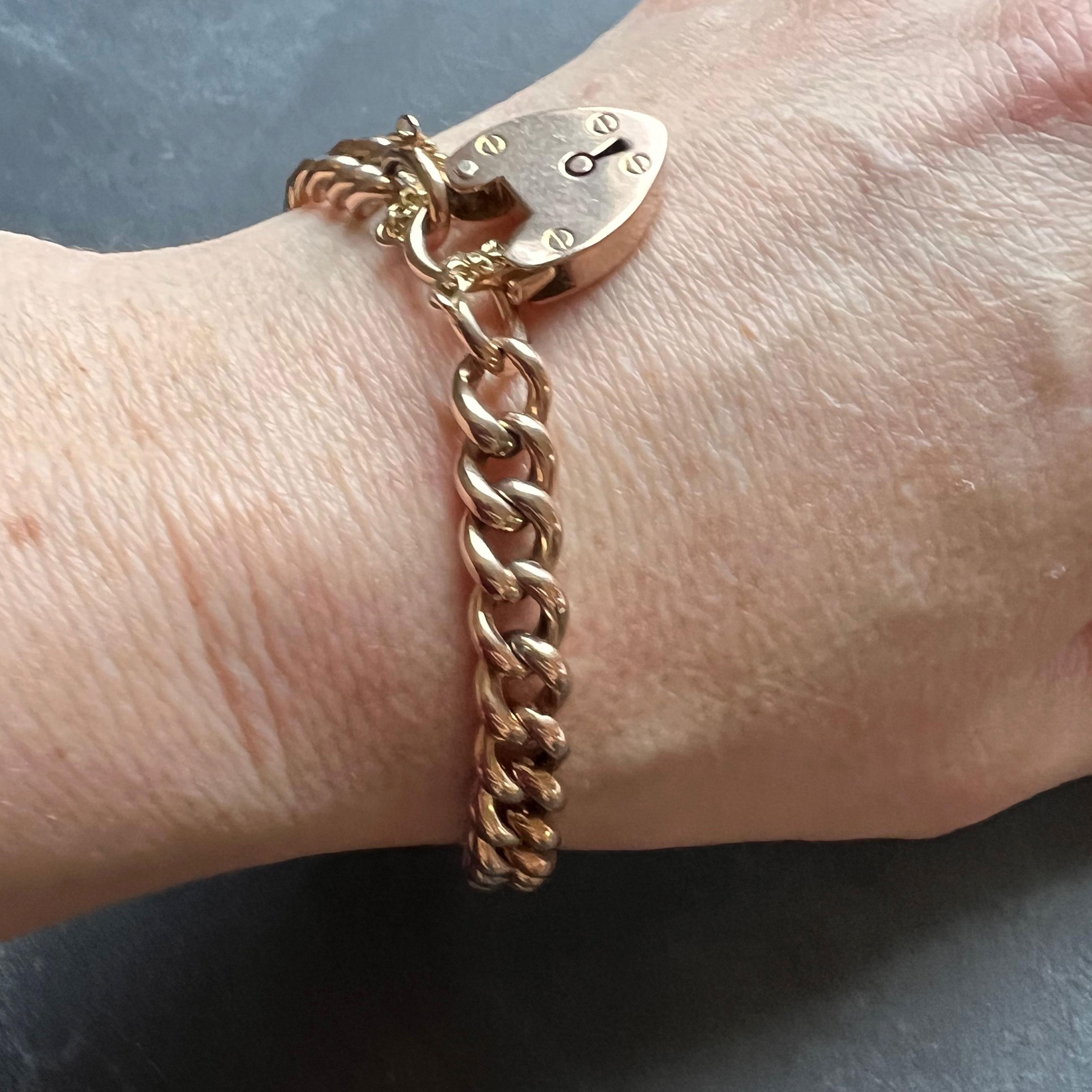 Victorian 9K Rose Gold Curb Link Bracelet with Heart Padlock Clasp