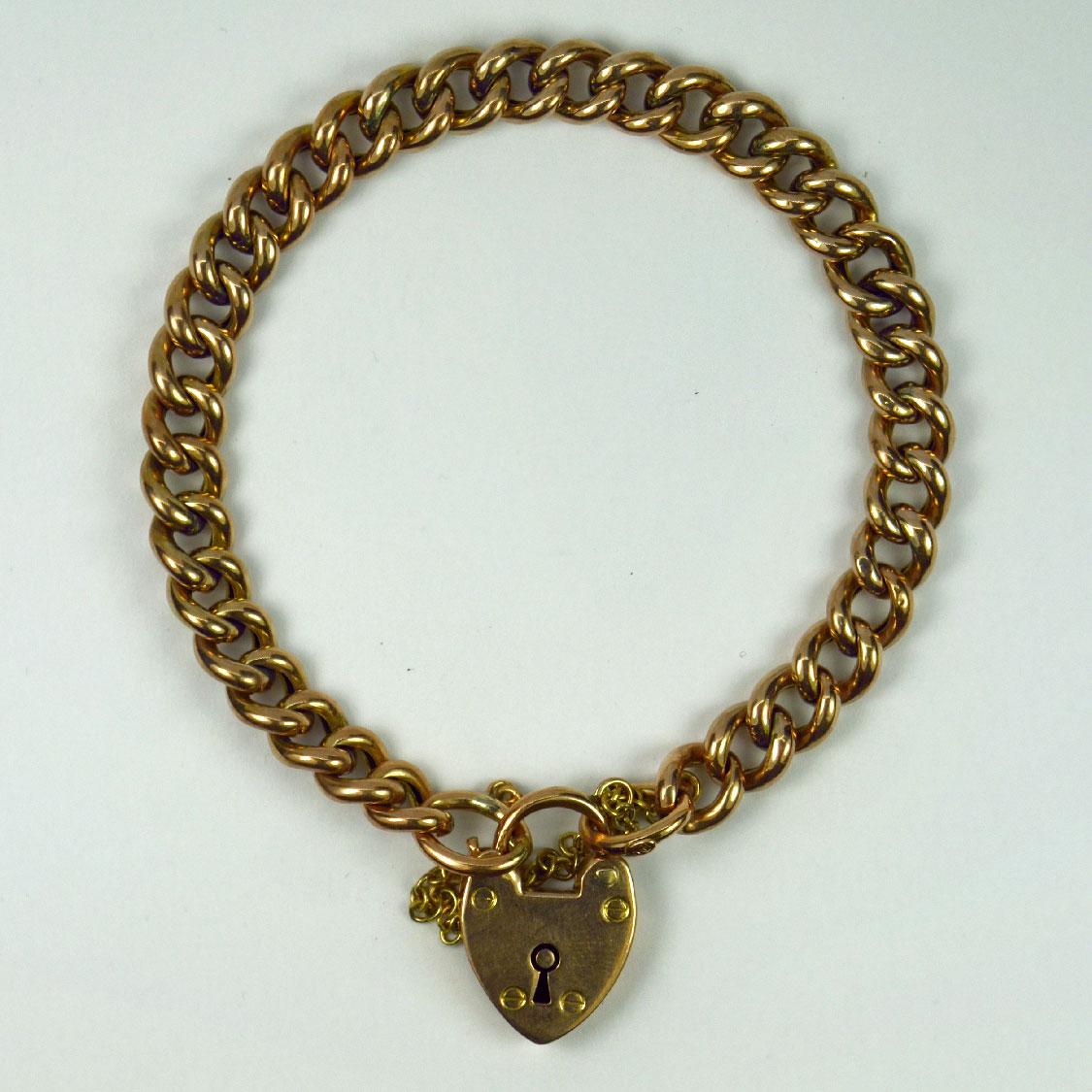 Women's 9K Rose Gold Curb Link Bracelet with Heart Padlock Clasp
