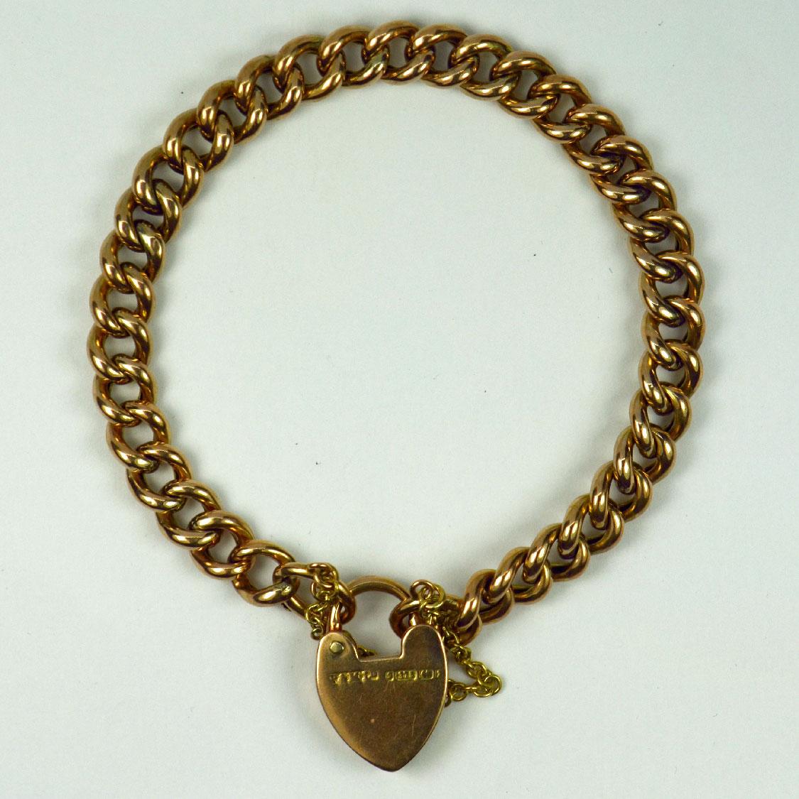 9K Rose Gold Curb Link Bracelet with Heart Padlock Clasp 1