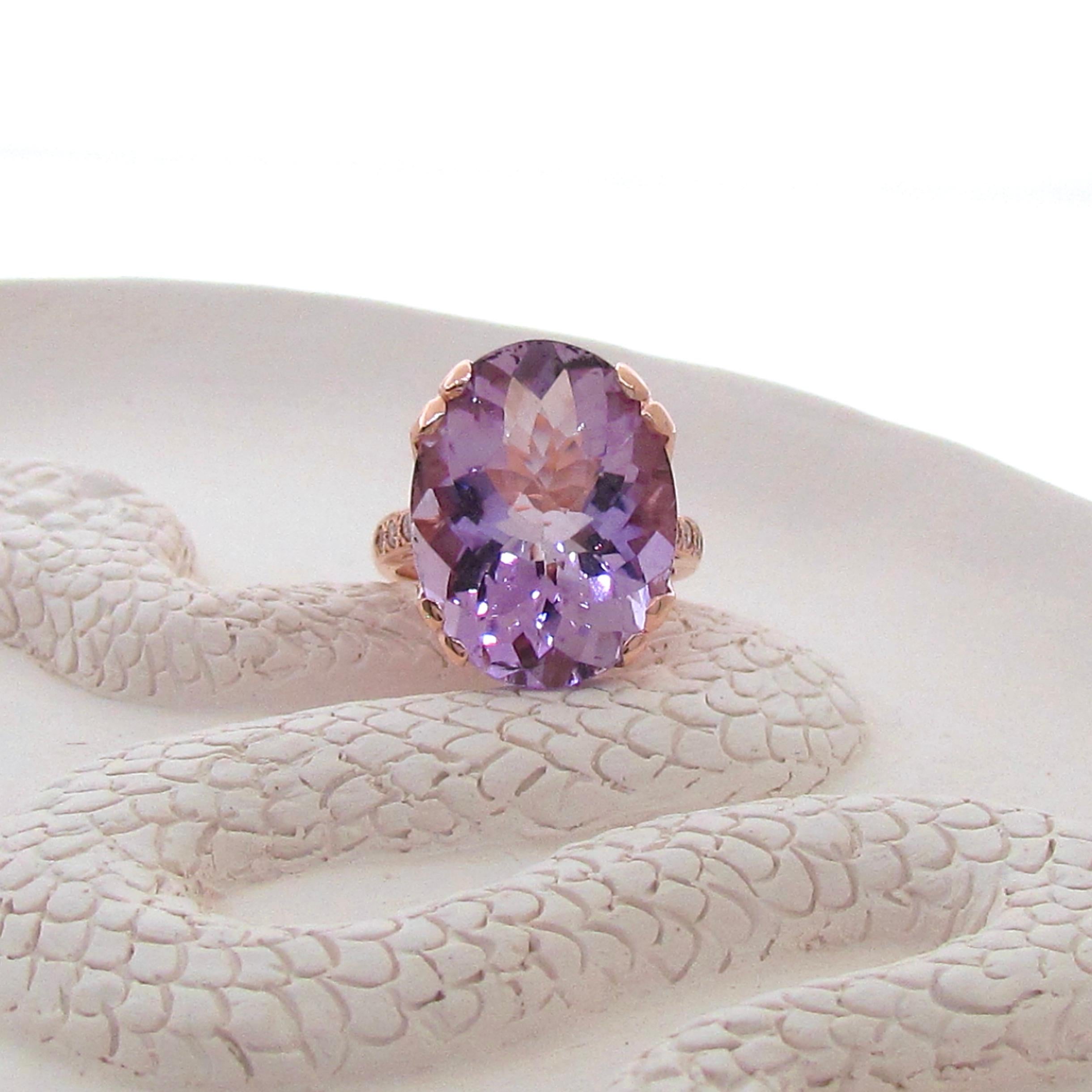 Elevate your style with our 9ct Rose Gold Diamond Faceted Amethyst Crown Ring. The breathtaking amethyst stone is expertly faceted and set in a crown-like design, and accented with shimmering diamonds. The warm tones of the rose gold band complement
