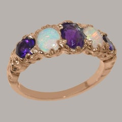 9K Rose Gold Natural Amethyst and Opal Womens Band Ring, Customizable