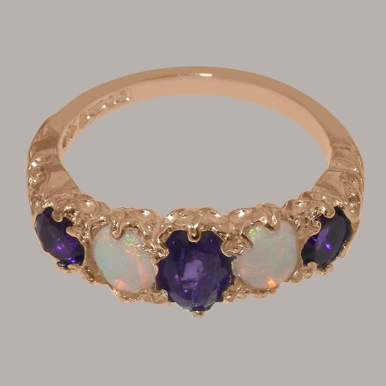 For Sale:  9K Rose Gold Natural Amethyst and Opal Womens Band Ring, Customizable 5