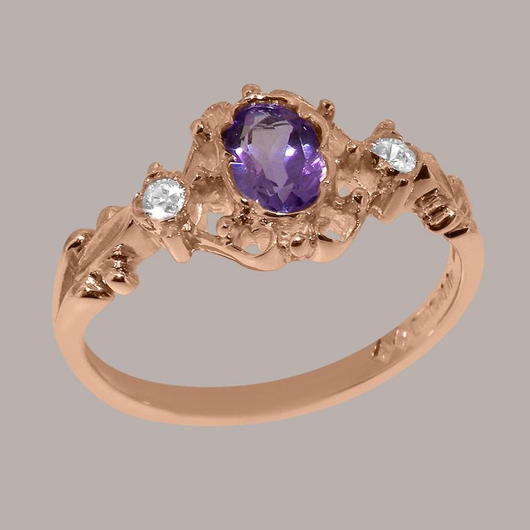For Sale:  9K Rose Gold Natural Amethyst & Cubic Zirconia Womens Trilogy Ring Customizable 3
