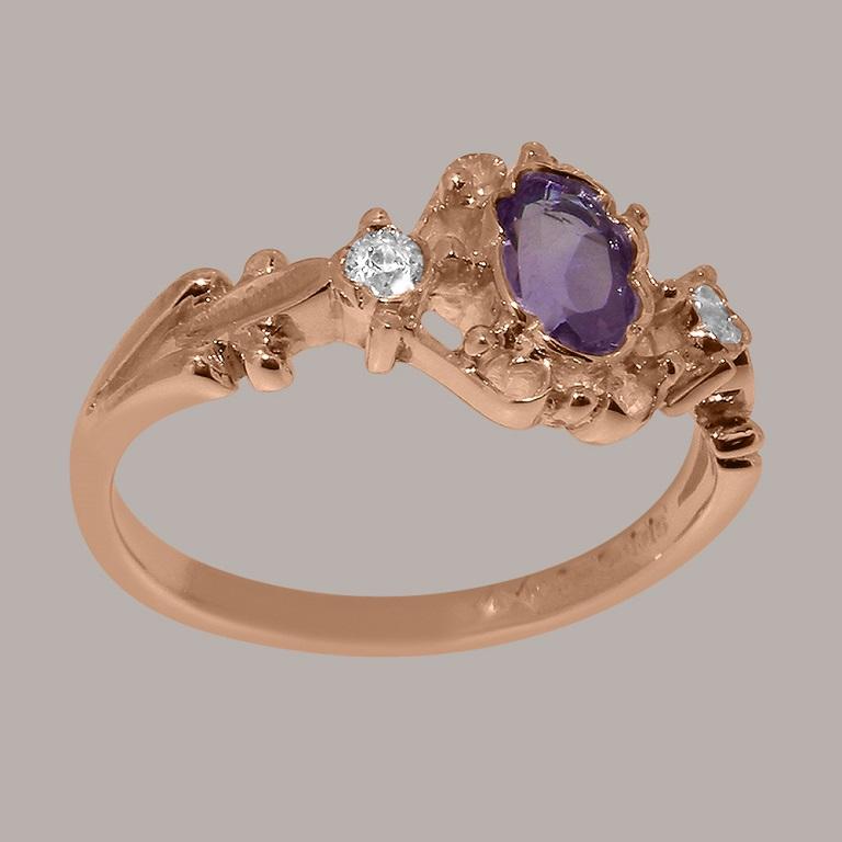 For Sale:  9K Rose Gold Natural Amethyst & Cubic Zirconia Womens Trilogy Ring Customizable 4
