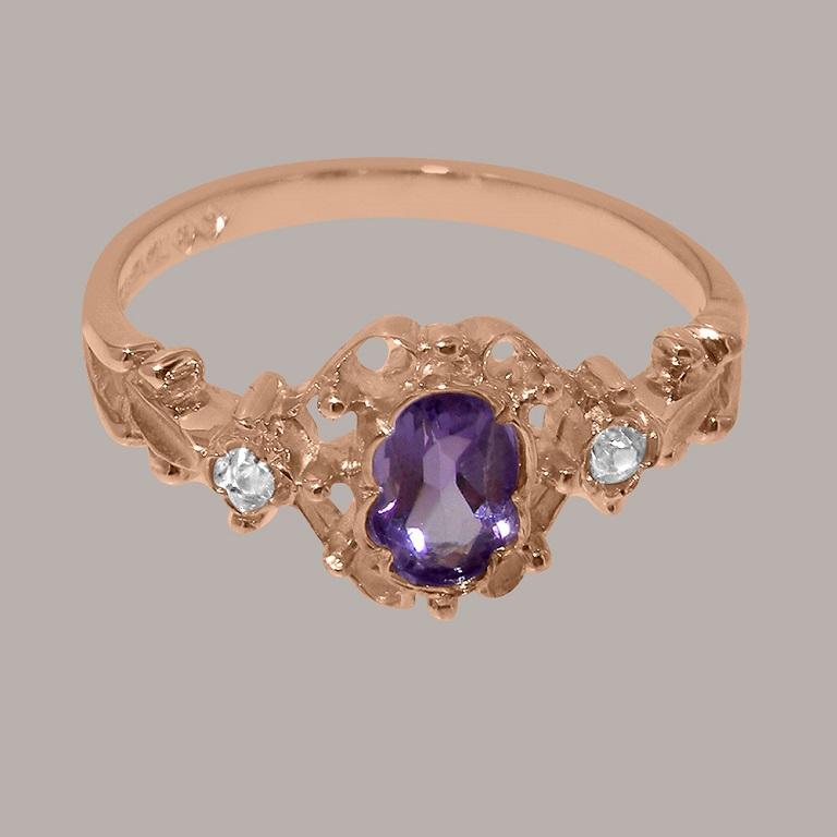 For Sale:  9K Rose Gold Natural Amethyst & Cubic Zirconia Womens Trilogy Ring Customizable 6