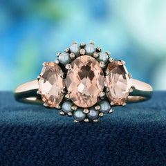 9K Rose Gold natürlichen Moganit und Perle Vintage-Stil drei Stein-Ring