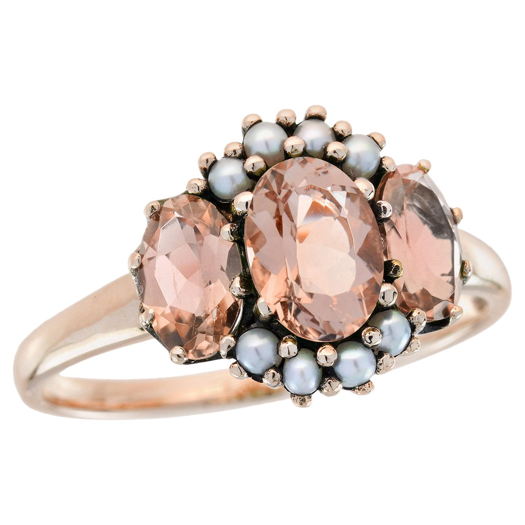 9K Rose Gold natürlichen Moganit und Perle Vintage-Stil drei Stein-Ring im Angebot