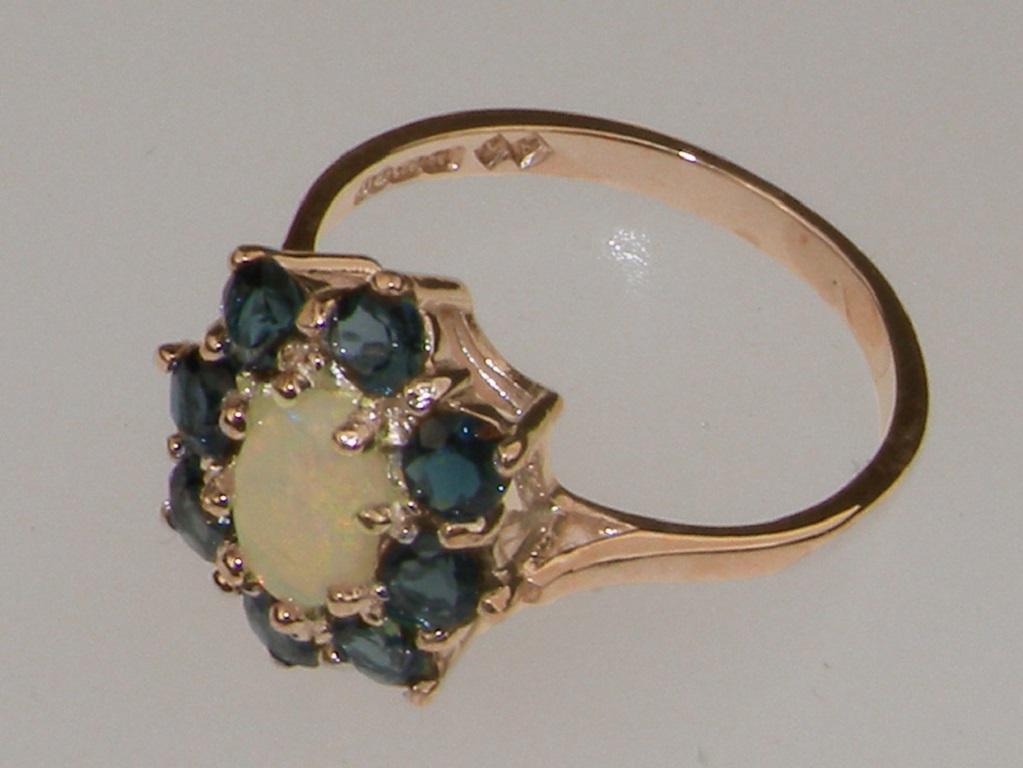 For Sale:  9K Rose Gold Natural Opal & London Blue Topaz Cluster Flower Ring, Customizable 2