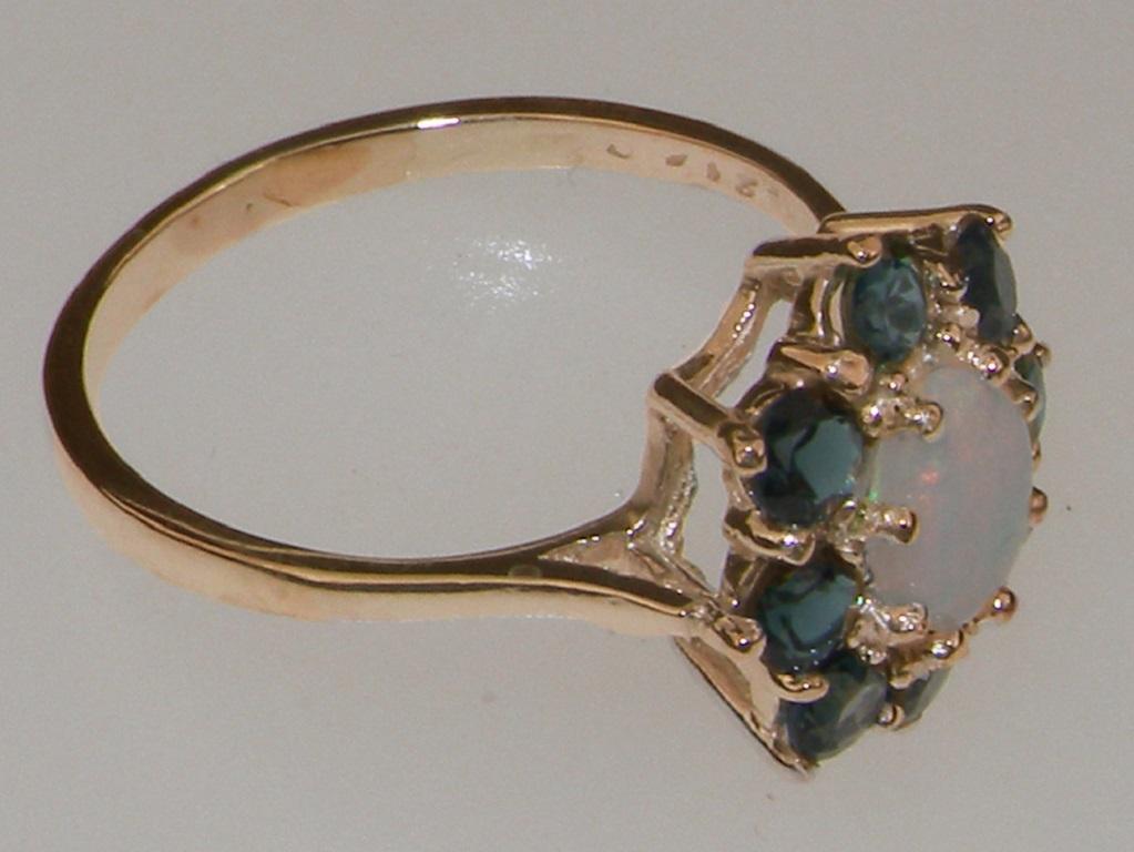 For Sale:  9K Rose Gold Natural Opal & London Blue Topaz Cluster Flower Ring, Customizable 3