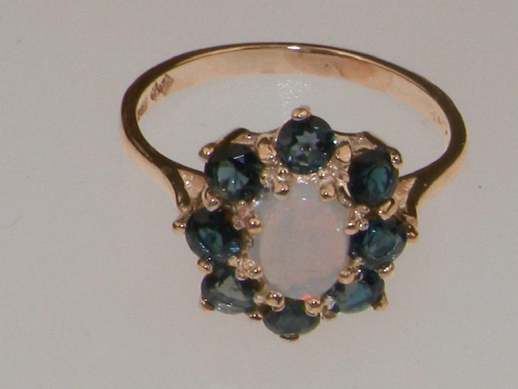For Sale:  9K Rose Gold Natural Opal & London Blue Topaz Cluster Flower Ring, Customizable 4