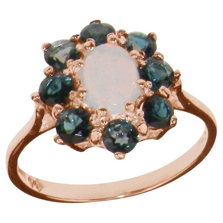 For Sale:  9K Rose Gold Natural Opal & London Blue Topaz Cluster Flower Ring, Customizable