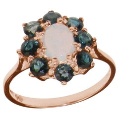 9K Rose Gold Natural Opal & London Blue Topaz Cluster Flower Ring, Customizable