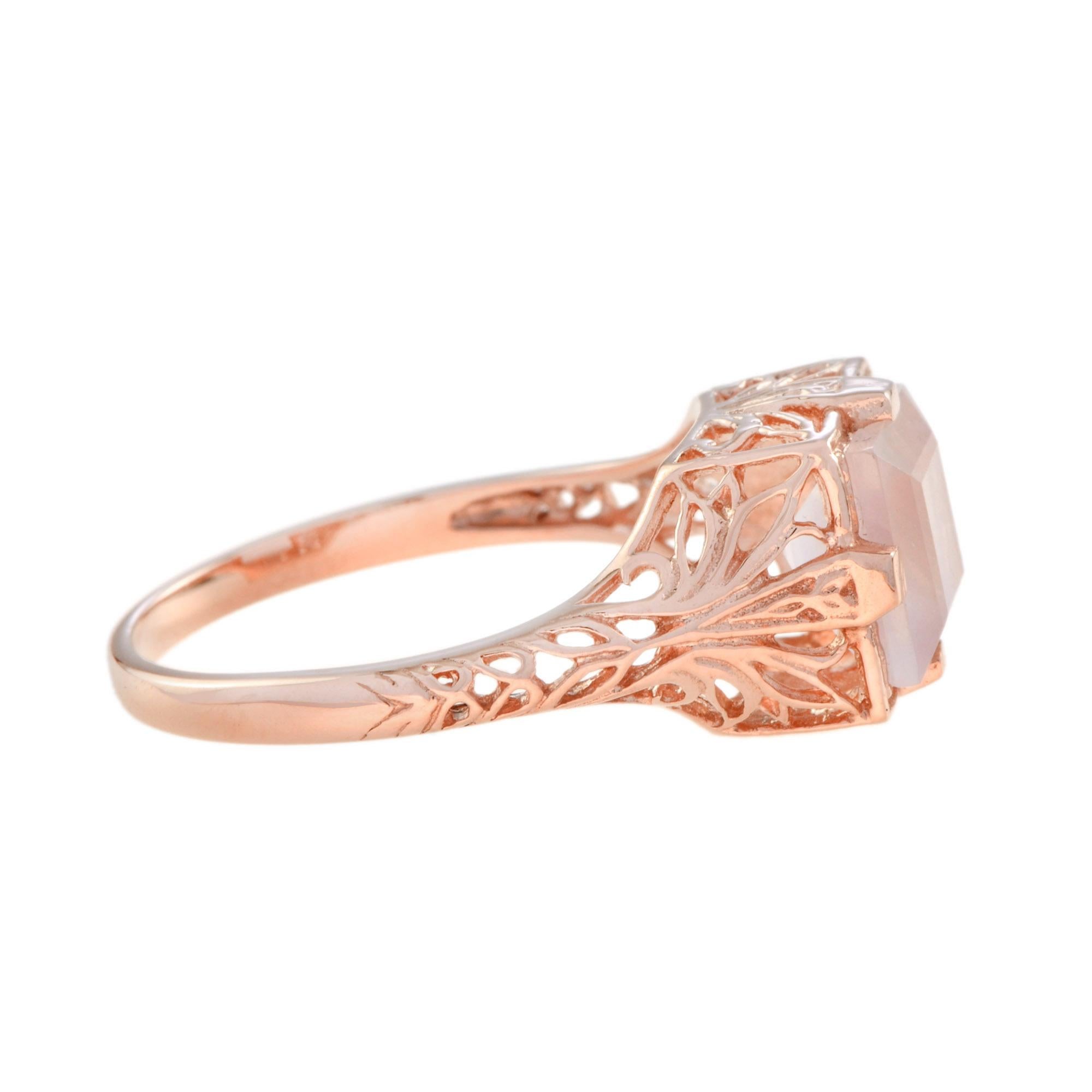 9K Rose Gold Natürlicher Rosenquarz Quadratische Form Vintage Style Filigraner Ring (Edwardian) im Angebot