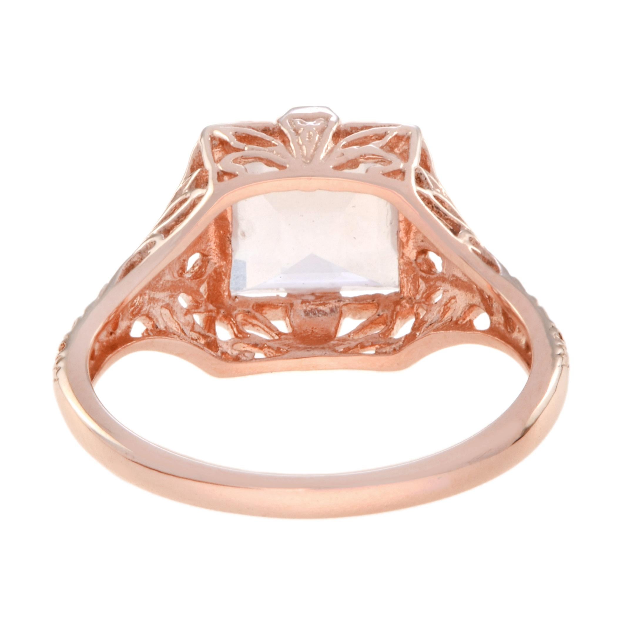 9K Rose Gold Natürlicher Rosenquarz Quadratische Form Vintage Style Filigraner Ring (Carréeschliff) im Angebot