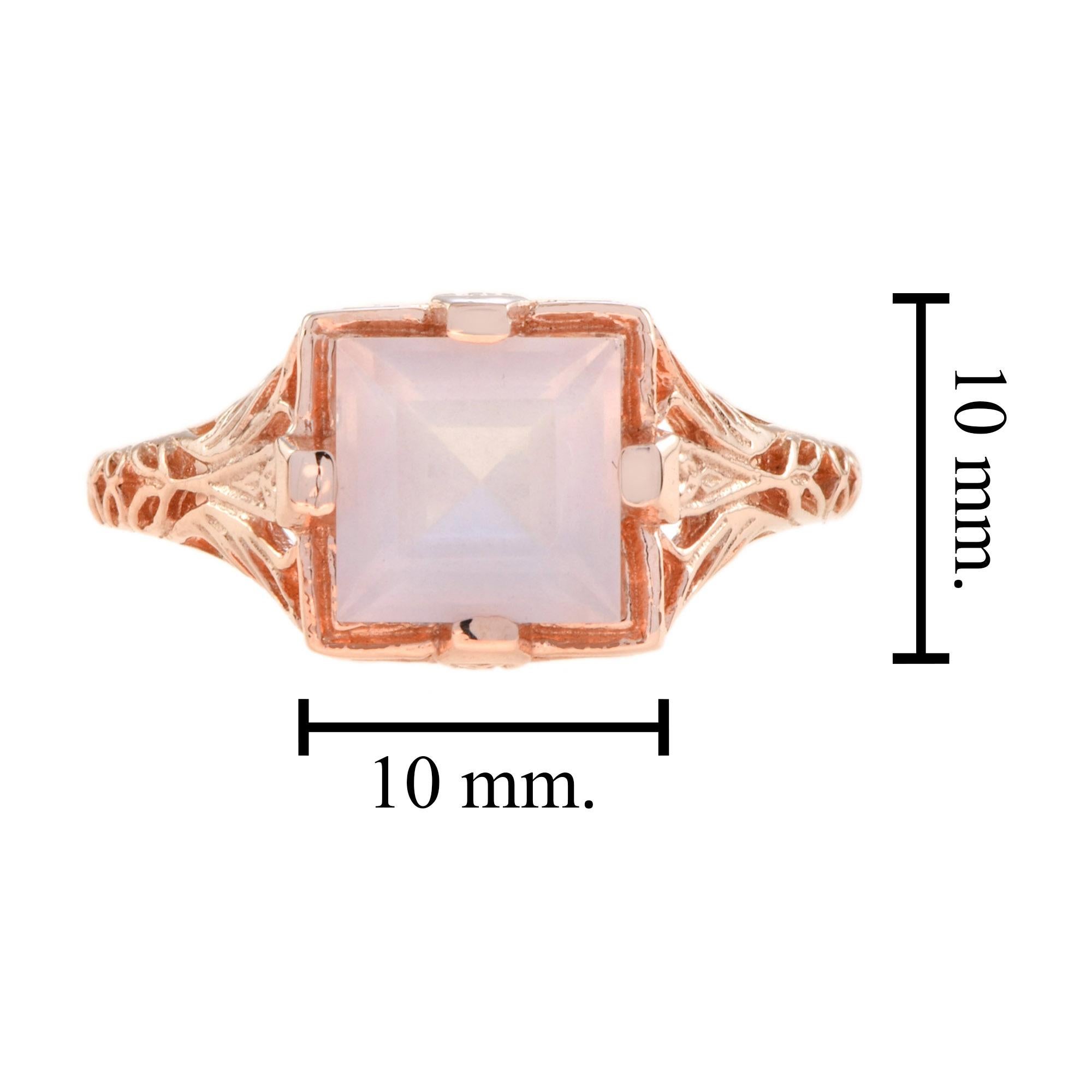 9K Rose Gold Natürlicher Rosenquarz Quadratische Form Vintage Style Filigraner Ring Damen im Angebot