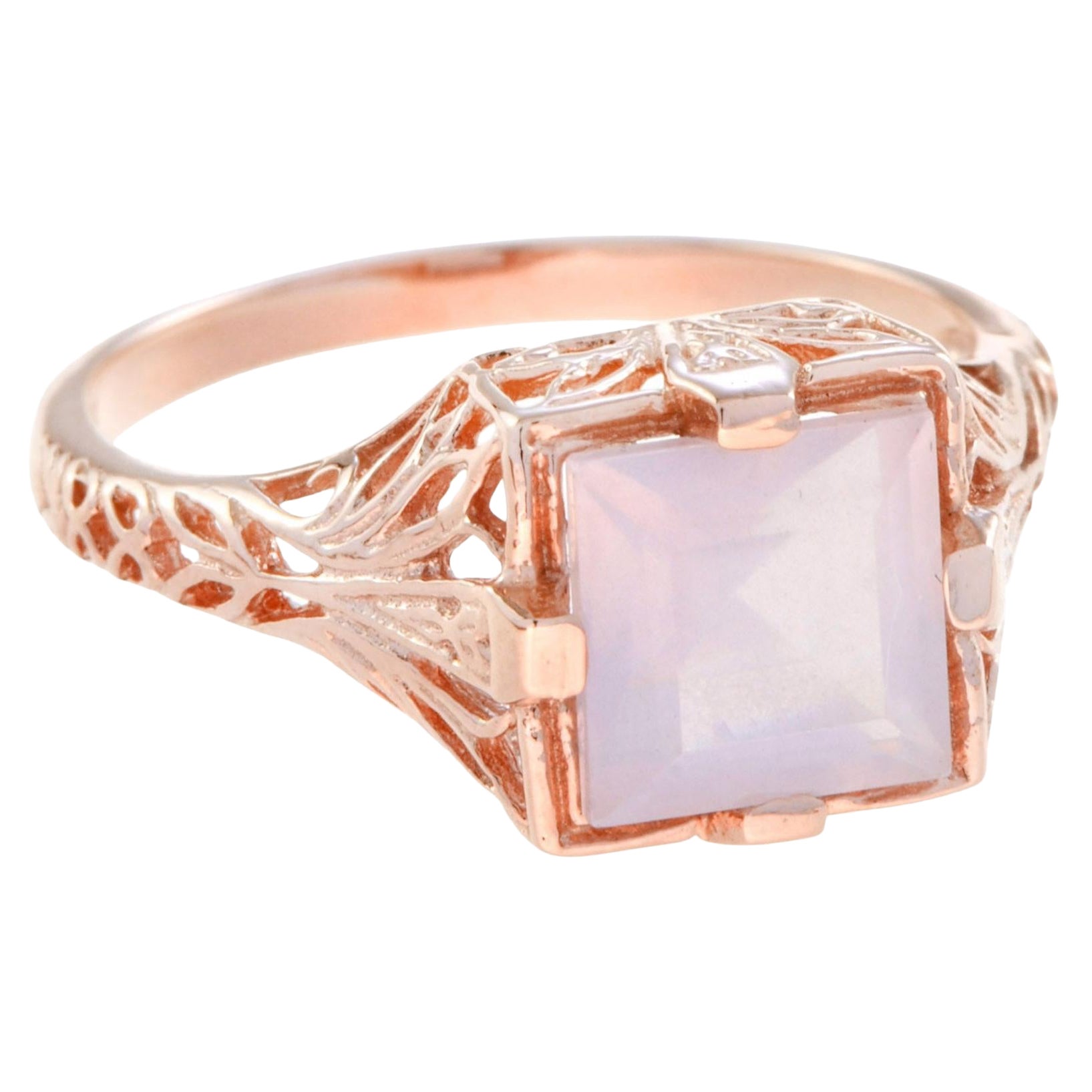 9K Rose Gold Natural Rose Quartz Square Shape Vintage Style Filigree Ring For Sale