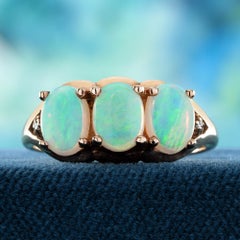 9K Rose Gold Opal and Diamond Vintage Style Three Stones Ring