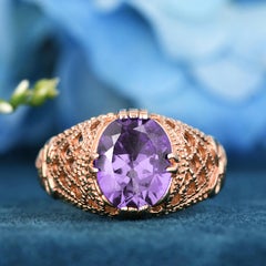 9K Rose Gold Pink Amethyst Filigree Dome Cocktail Ring