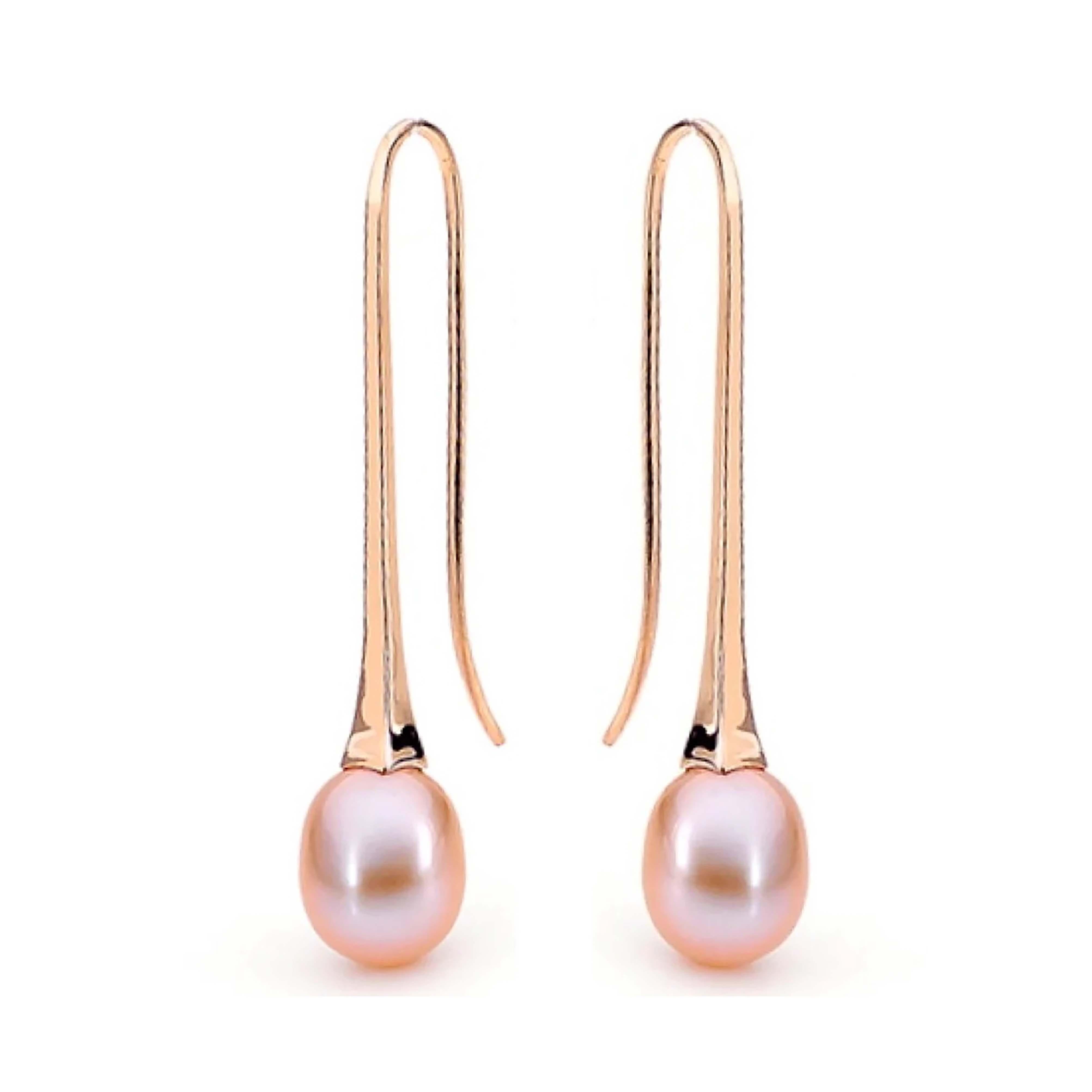 pink pearl long drop earrings gold